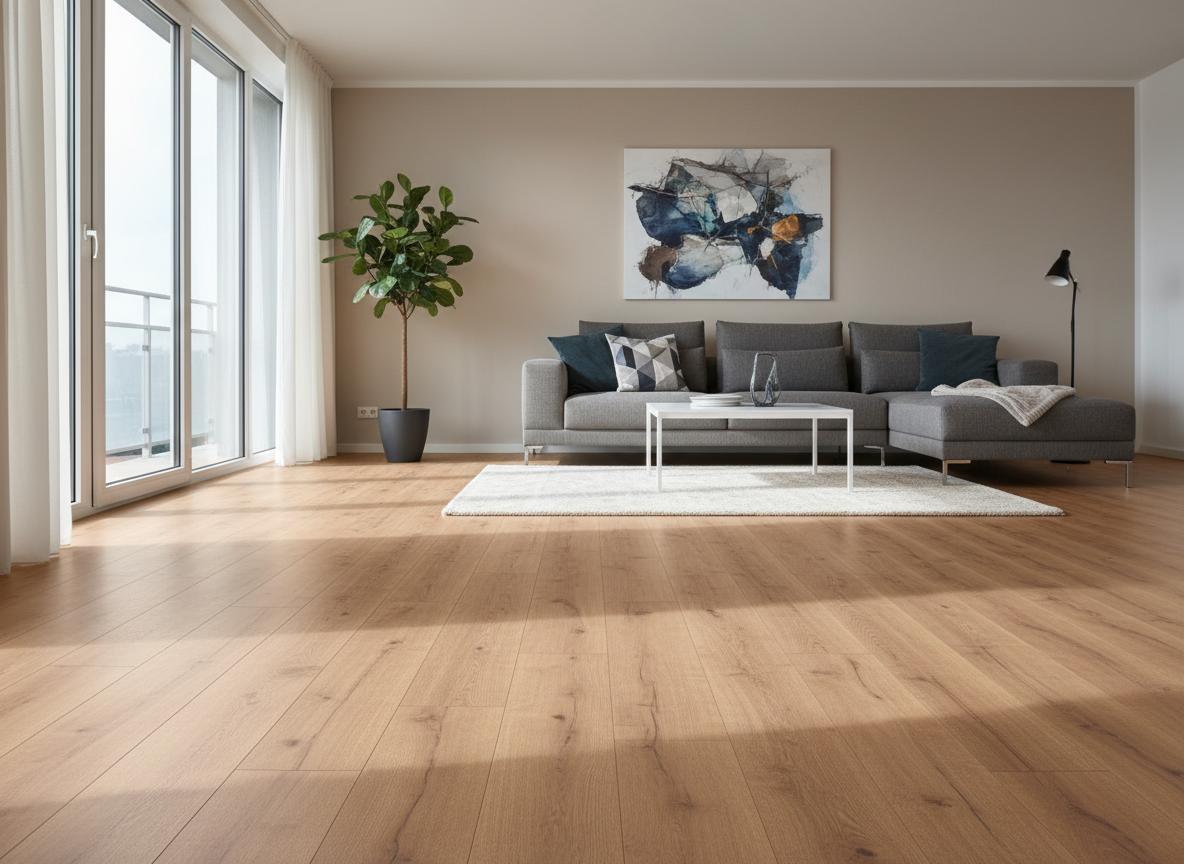 Fertig verlegter Laminatboden in Eichenoptik in einem modernen Wohnzimmer