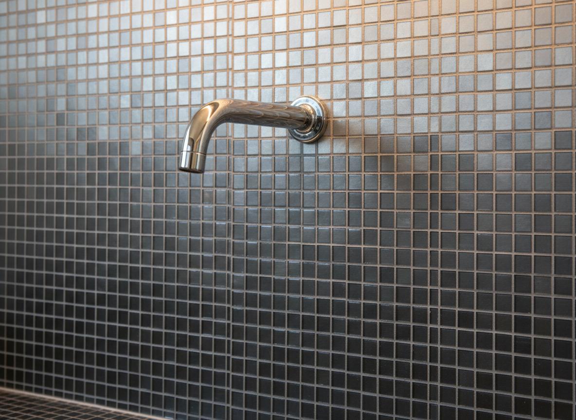 Detail einer kunstvollen Mosaikinstallation in einer Duschnische