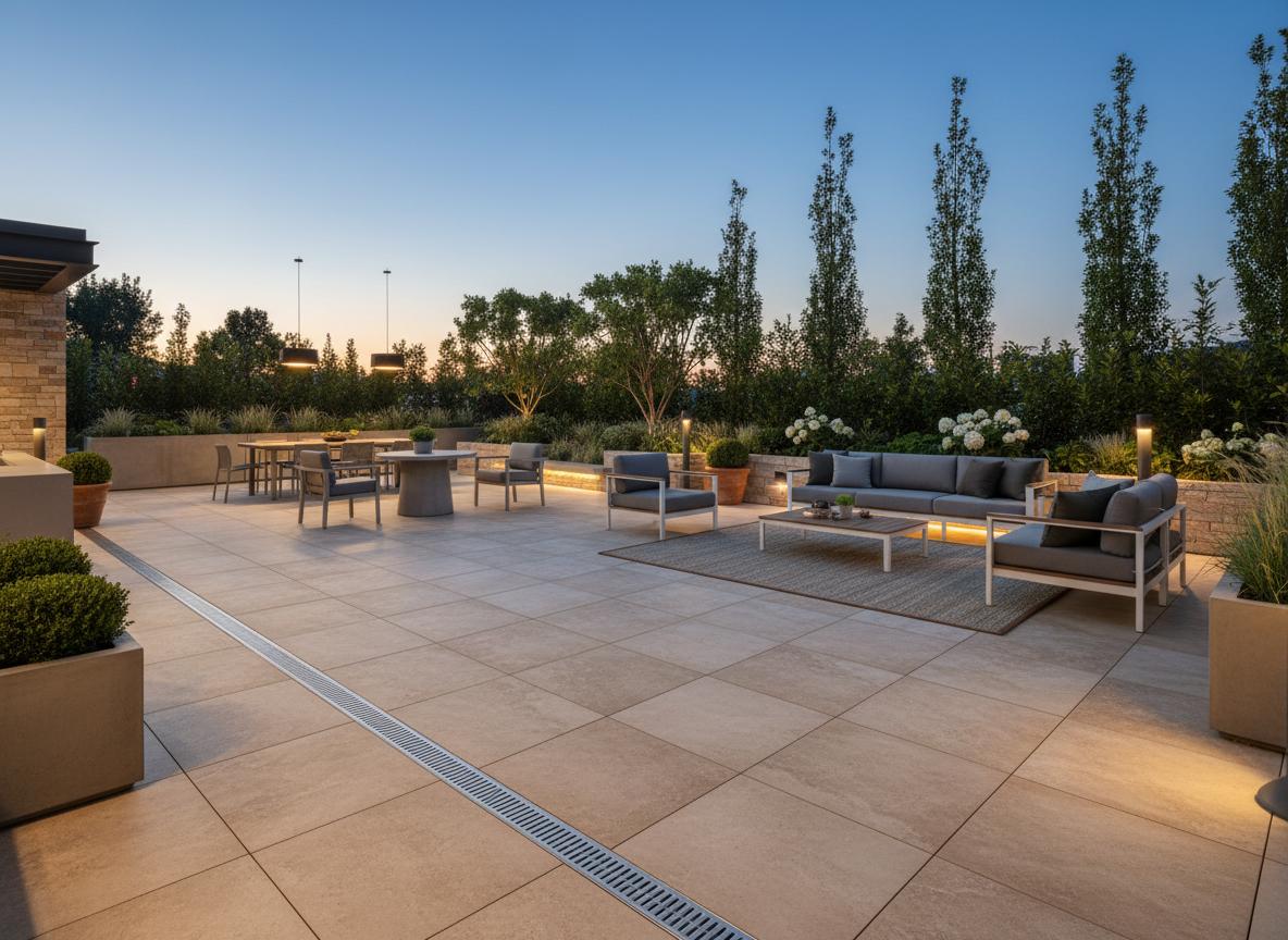 Fertige Terrasse mit professionell verlegten Feinsteinzeugplatten