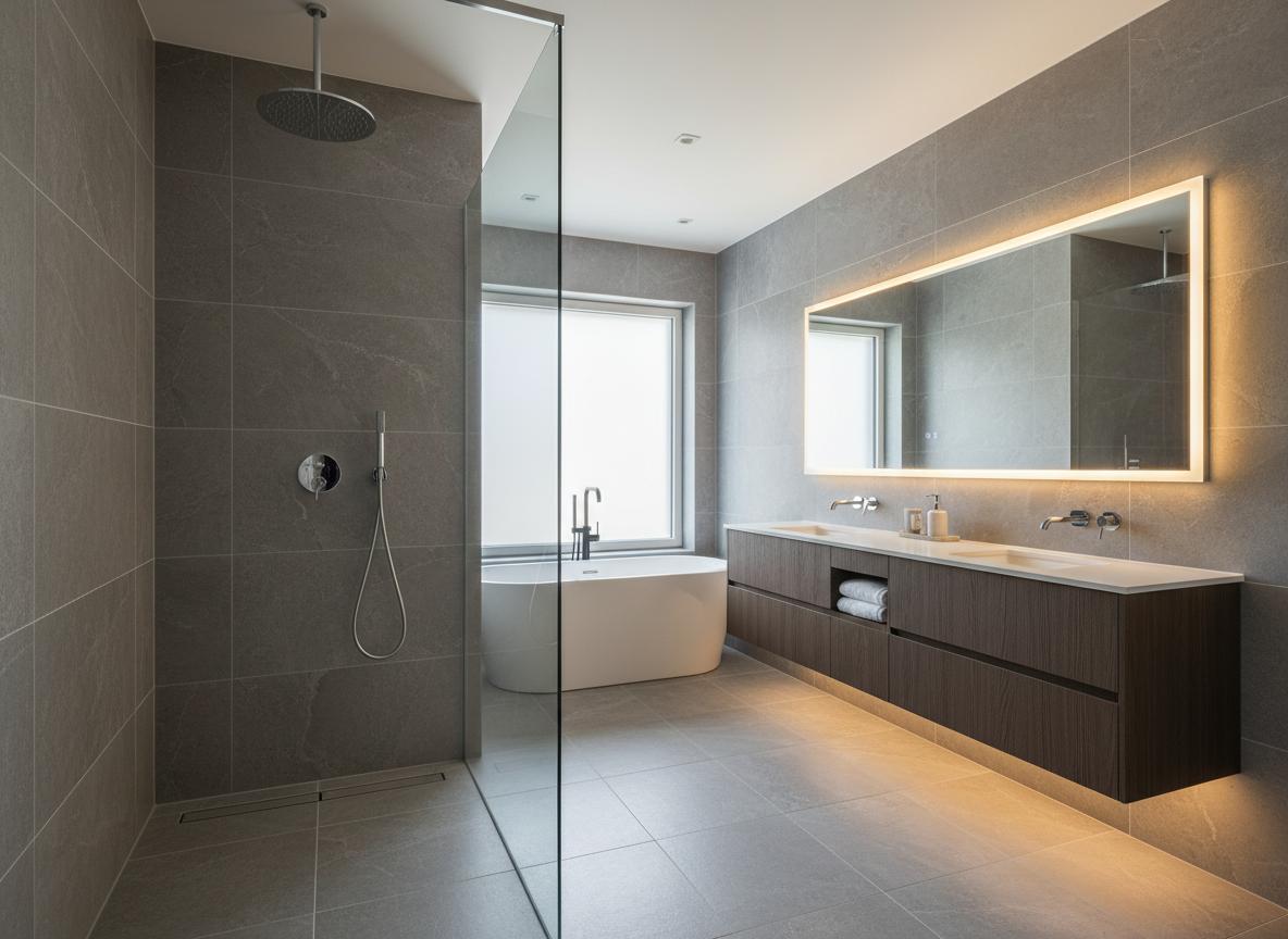 Modernes Badezimmer mit großformatigen Feinsteinzeug-Fliesen und bodengleicher Dusche