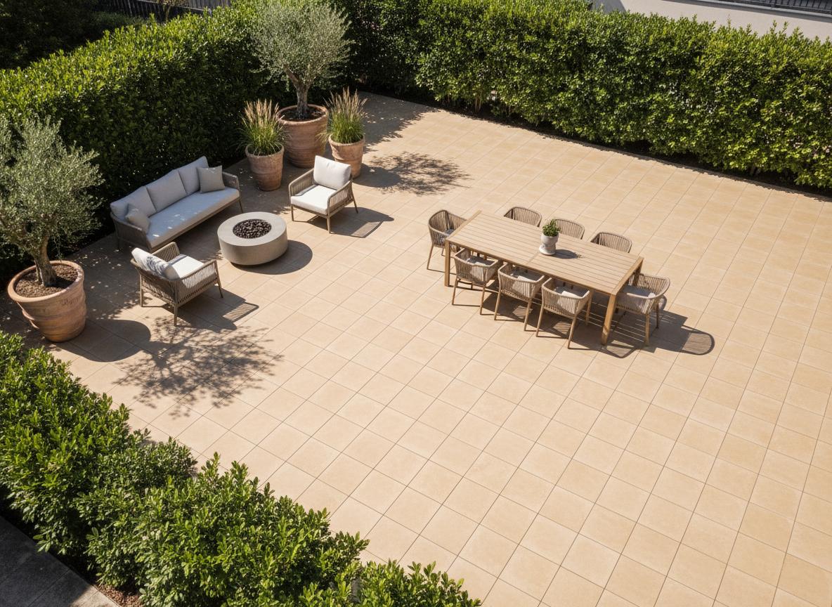 Große Terrasse mit professionell verlegten Feinsteinzeugplatten