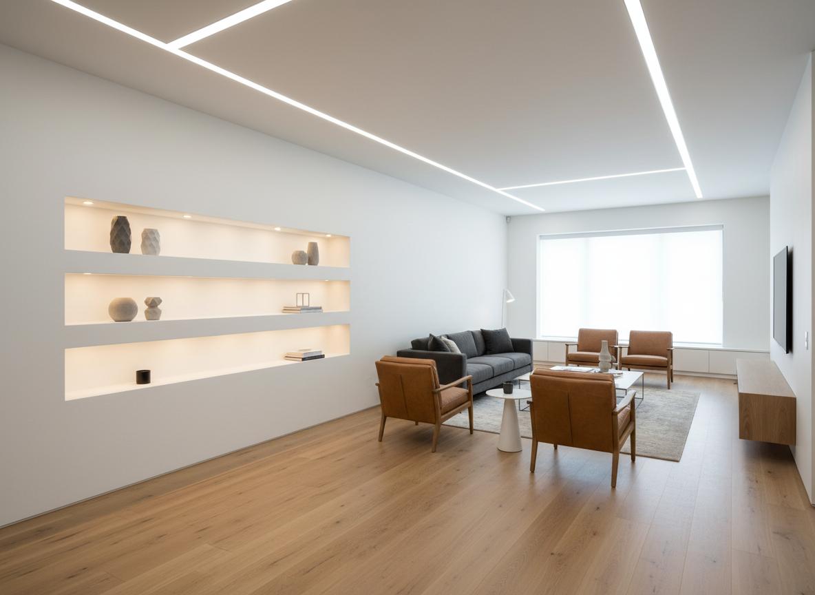 Modernes Wohnzimmer mit professionellem Trockenbau und abgehängter Decke