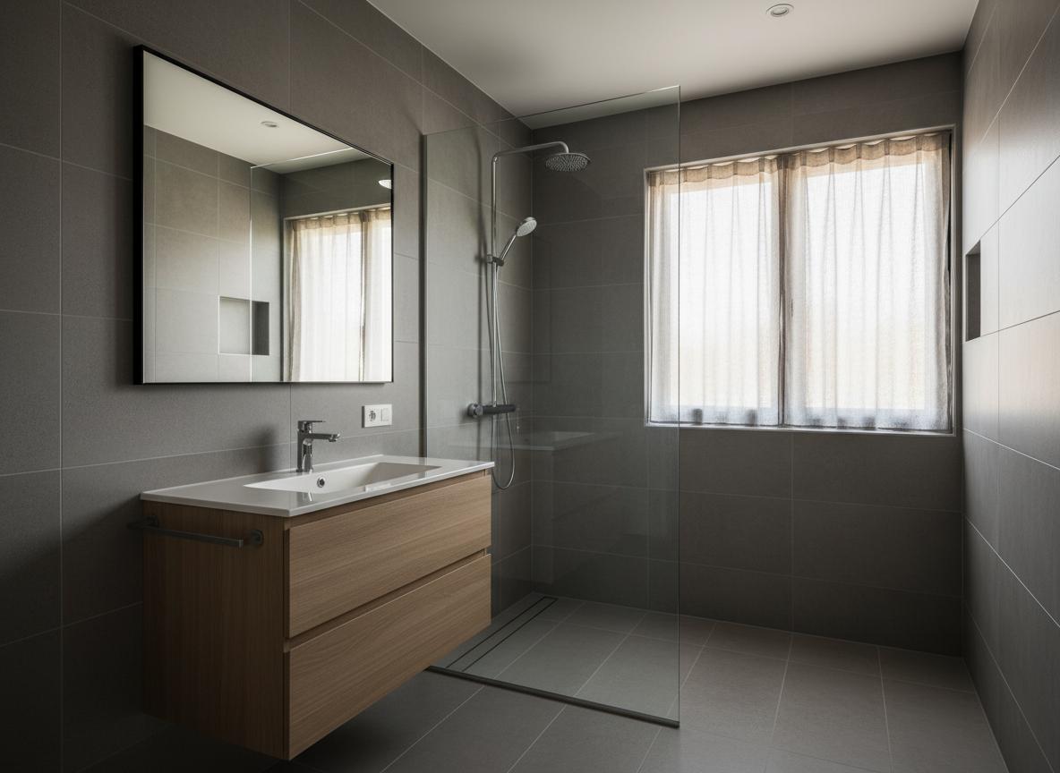 Professionelle Fliesenarbeiten in einem modernen Badezimmer mit großformatigen Feinsteinzeug-Fliesen